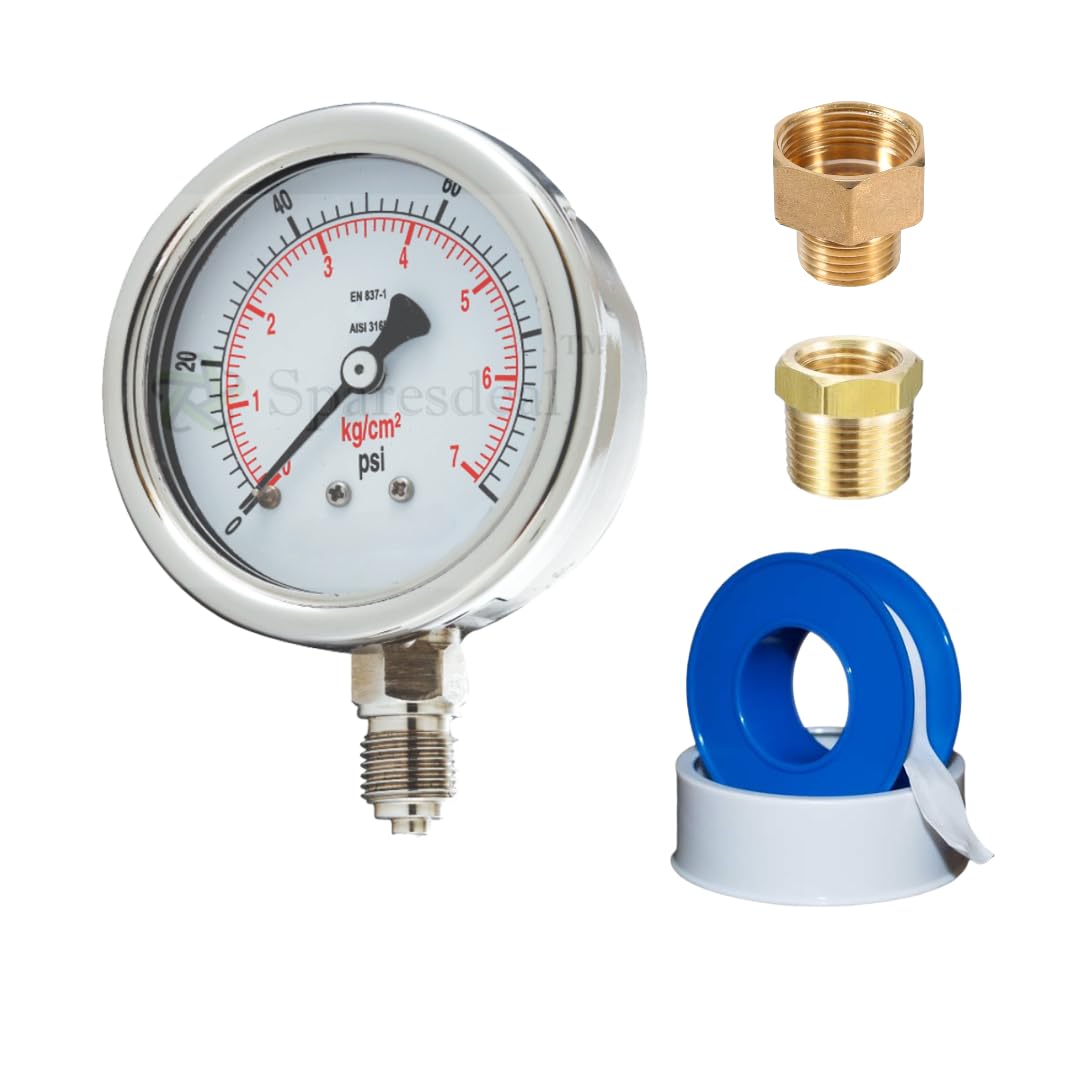 Sparesdeal Stainless Steel Hydraulic Pressure Gauge | Industrial Gauge | 2.5 Inch Dial (63MM), (Scale-14 kg/cm^2/200 PSI) 1/4 BSP Male with 1/8, 3/8 BSP, Teflon Tape 1No Each-image-28