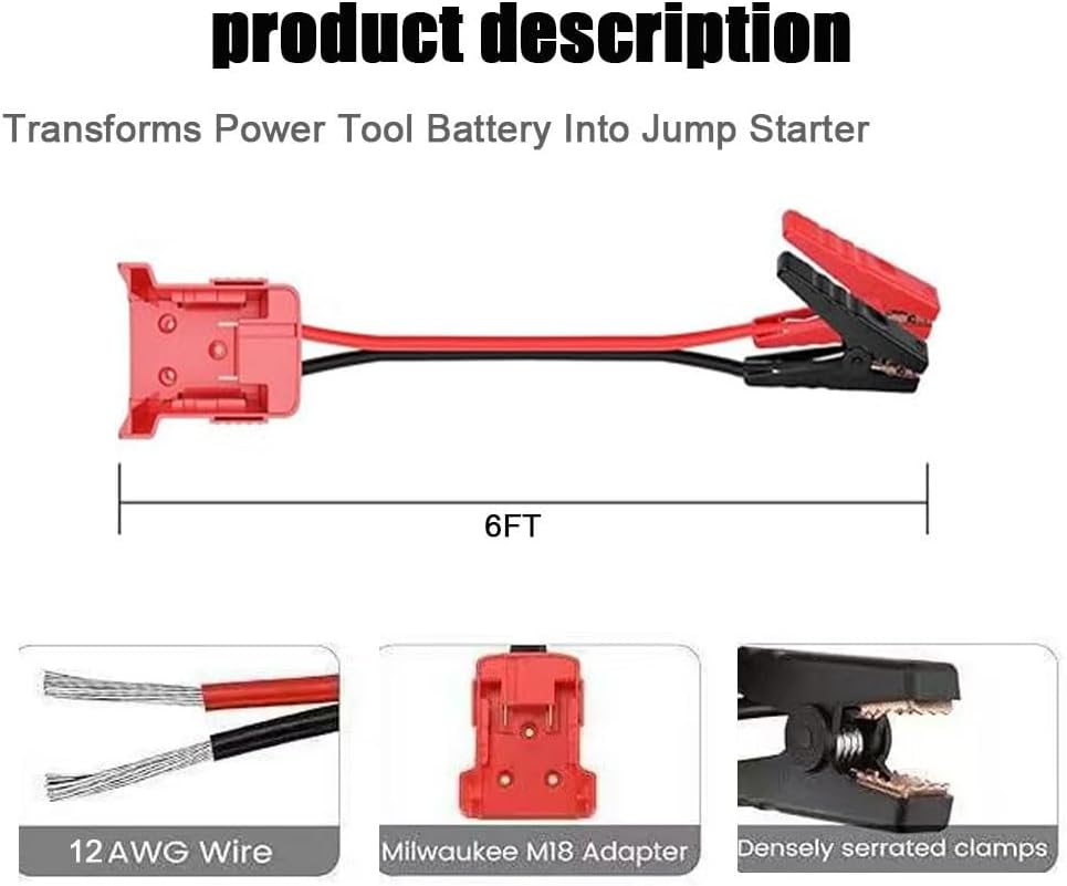 6ft Jumper Cable Clamps Compatible With Mil.waukee Compatible With M18 18V Batteries Battery Jumper Starter, 12AWG Automotive Booster Cable for Jump Starting Tool Battery