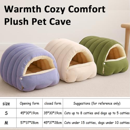 Winterhöhle, Gemütliches Monster-Katzenbett, Warme, Gemütliche Plüsch-Haustierhöhle, Weicher, Geschlossener Haustierschlafsack, Katzenbett Aus Cord-Tunnelzelt, Abnehmbar, Waschbar (Beige, S)