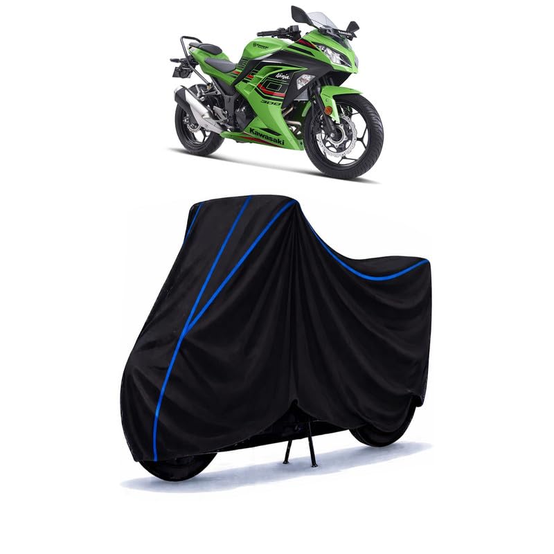 Image of Ninja 300 Bike Cover Water Resistant Universal Motorcycle Rain | Heavy Duty UV Protection, Dust, Scratch Indoor Outdoor All Weather with Black Blue Piping Elastic