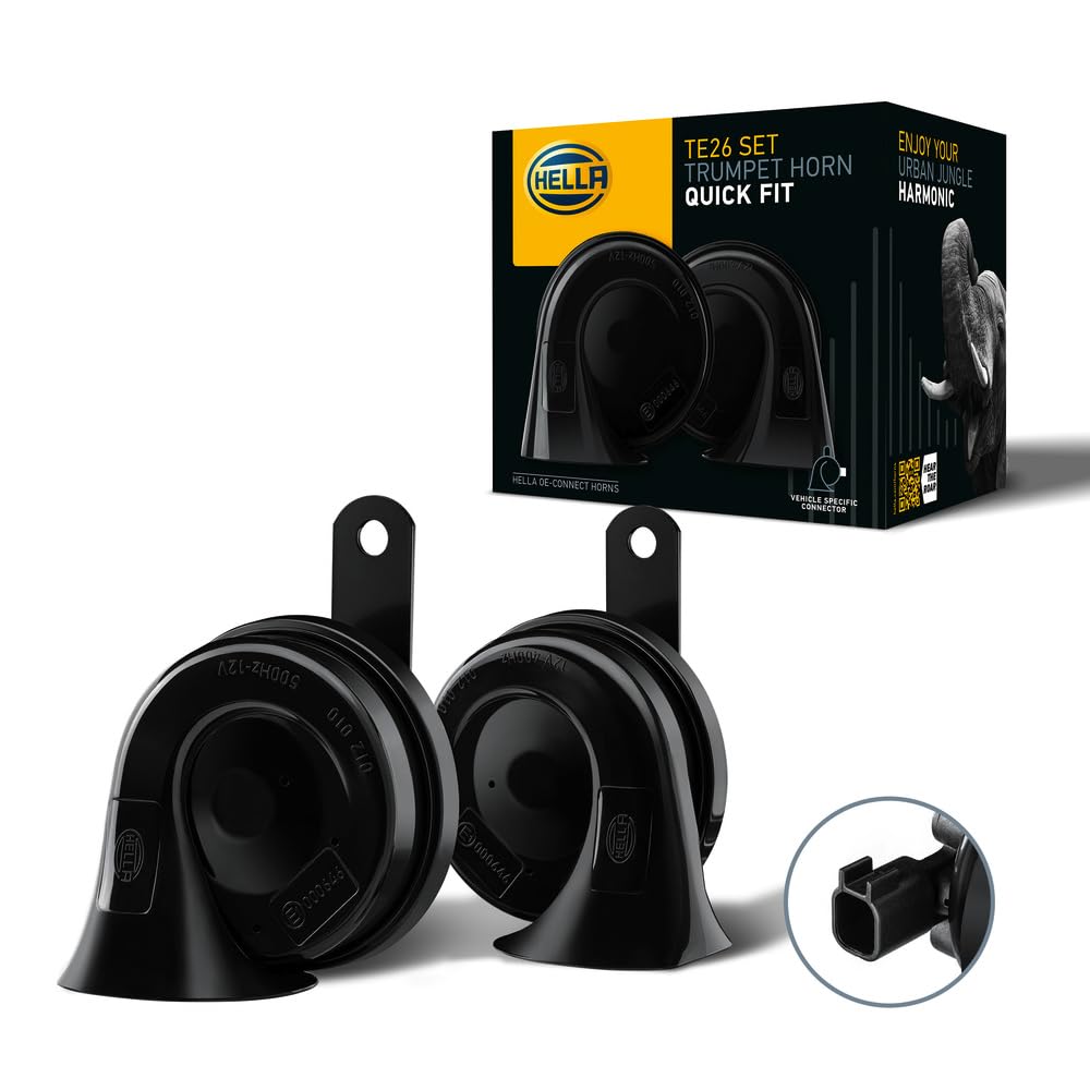 HELLA Trumpet Horn - OE-CONNECT HORN TE26 SET - 12V - 110dB(A) - Frequency range from: 400Hz - Frequency range to: 500Hz - Low Tone/High Tone - Electric - Quantity: 2 - 3FH 012 010-191