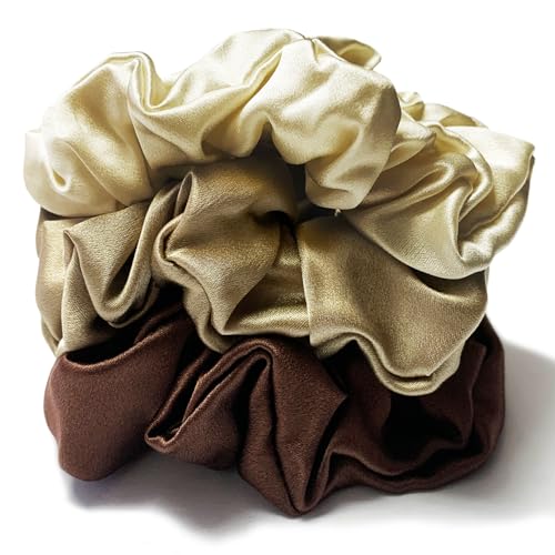 3 coleteros elásticos para el cabello de seda de morera para mujer, banda elástica para el cabello (gris pardo/gris pardo oscuro/chocolate)