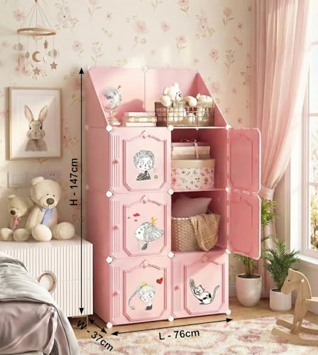 Image of Plastic Wardrobe for Kids Clothes - 6 Door, Pink-HT1, Durable, Easy to Use Anti-Skid & Non-Slip Effective Professional Collapsible Wardrobe, Plastic Cupboard for Kids, Foldable Almirah