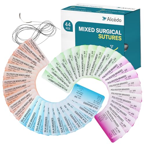 Image of Alcedo Suture Thread with Needle 44 PK (2 /0, 3 /0, 4 /0, 5 /0), Non-Absorbable (Nylon, Silk, Polyester, Polypropylene) for Nursing and Students, First Aid Practice Kit Accessories, Education Only