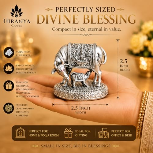 Image of 999 Pure Silver Plated Kamdhenu Cow with Calf Idol | Attracts Prosperity | Vastu Gift Wedding Diwali Housewarming | Certificate of Authenticity | Luxury Gift Box Included (999 PURE SILVER, 2.5)
