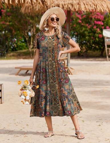 Image of Zeagoo Women Summer Midi A Line Dress Short Sleeve Casual Flowy Tiered Beach Long Sundress with Pockets 2026 Vacation Travel