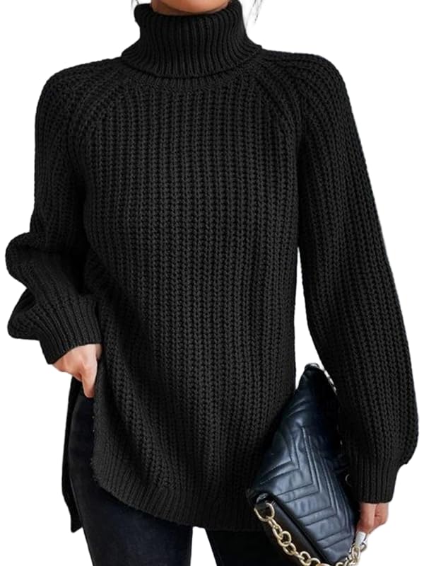 Womens Turtleneck Sweater Ribbed Long Sleeve Slit Hem Pullover Knit Tops Fall Winter Outfit 2025