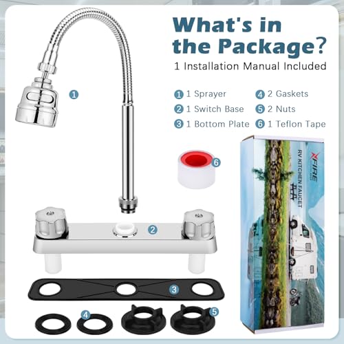 Image of 8 inches Apart RV Sink Faucet, RV Kitchen Faucet Replacement with Flexible 360 Degree Rotatable Sprayer for RV, Dual Function Sprayer, Campers, Motorhomes, Travel Trailers (Silver Plating)