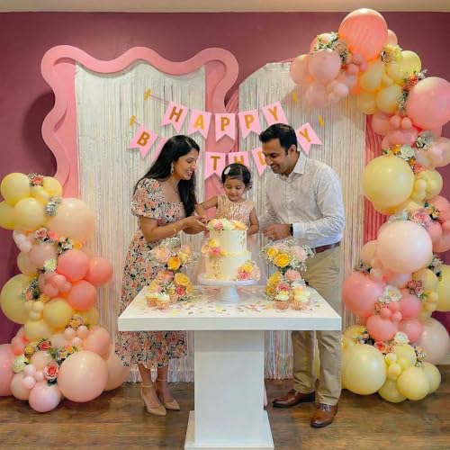 Image of Party Propz Happy Birthday Decoration Kit - 34 Pcs, Pink Banner, White Foil Curtain, Pastel Balloons & Arch Strip, Birthday Decoration for Girls, Boys, Husband