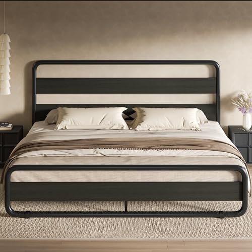 Image of SHA CERLIN Queen Size Metal Bed Frame with Wooden Headboard and Footboard, Heavy Duty Oval-Shaped Platform Bed with Under-Bed Storage, Noise Free, No Box Spring Needed, Black