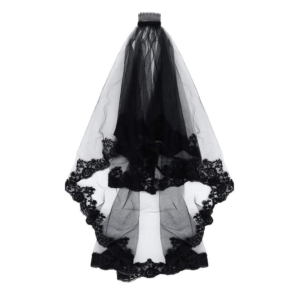Velo de encaje negro largo JFDBGU doble capa nupcial para un matrimonio exclusivo