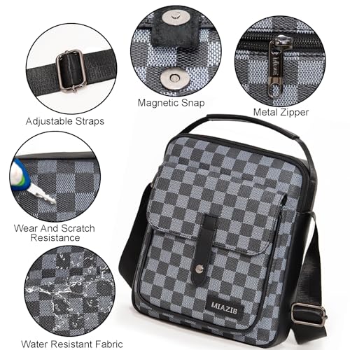 Men’s Crossbody Bag, Small PU Messenger Bag, Lightweight Shoulder Bag, Checkered Pattern for Daily Travel (L-Black and Grey) 5