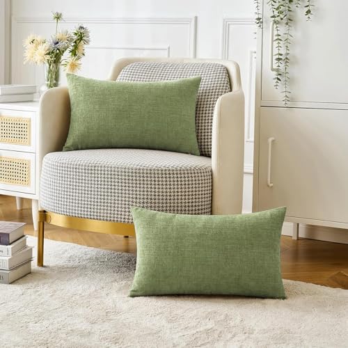 Image of MIULEE Pack of 2 Couch Throw Pillow Covers 14x24 Inch Spring Soft Sage Green Chenille Lumbar Pillow Covers for Sofa Living Room Solid Dyed Cases