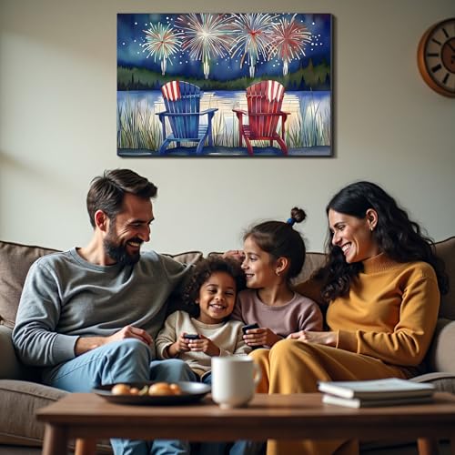 Image of Framed 4th of July Fireworks Adirondack Chair Wall Art, Patriotic Lake Canvas Art Pictures, USA Flag Wall Decor, Made in USA Ready to Hang for Living Room Porch