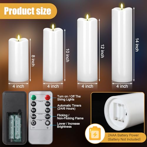 Image of Rossesay 8 inch 10 inch 12 inch 14 inch x 4 inch Large Waterproof Outdoor Flameless Candles, 4 Pcs LED Pillar Candles with Remote and Timers Battery Operated Jumbo Flickering for Home Patio Church Lanterns(White)