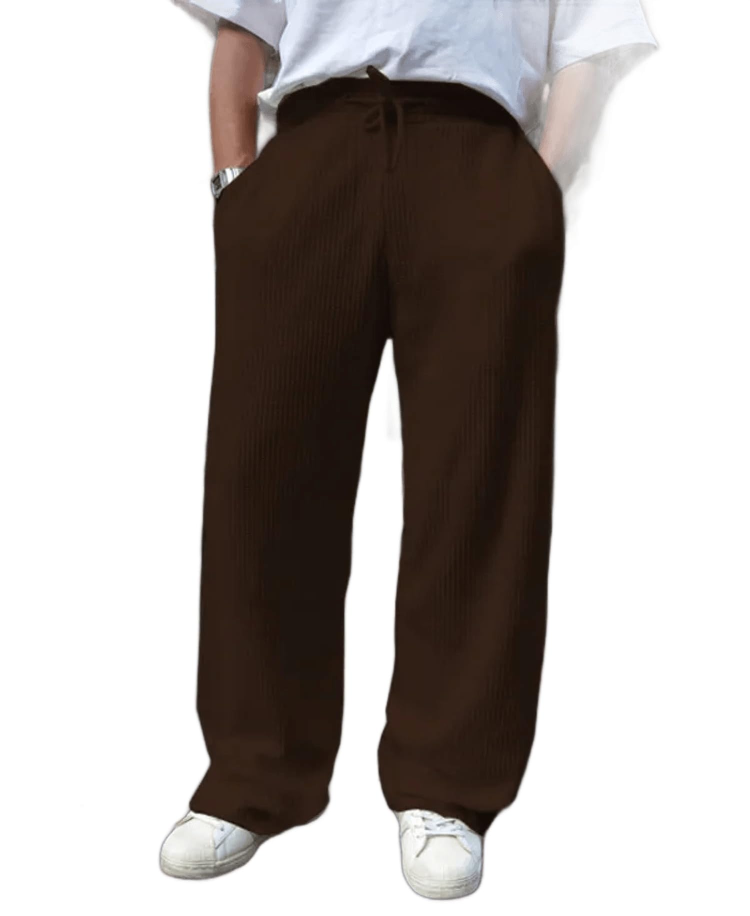 Brown Waffle Knitted Fabric Baggy Track Pants For Men-picture-46