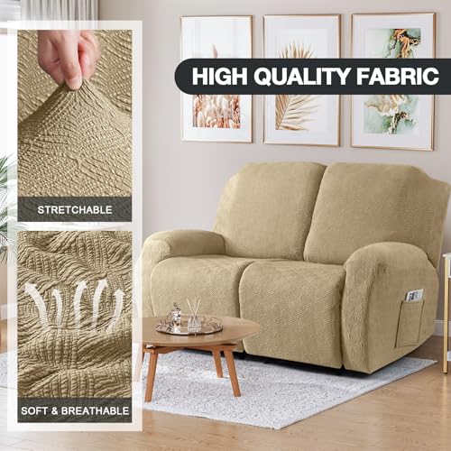 Image of Timeles Recliner Covers Extra Wide Recliner Loveseat Covers Oversized Reclining Couch Covers Sofa Slipcovers Stretch Soft Washable (Two-Seater Oversized, Khaki)