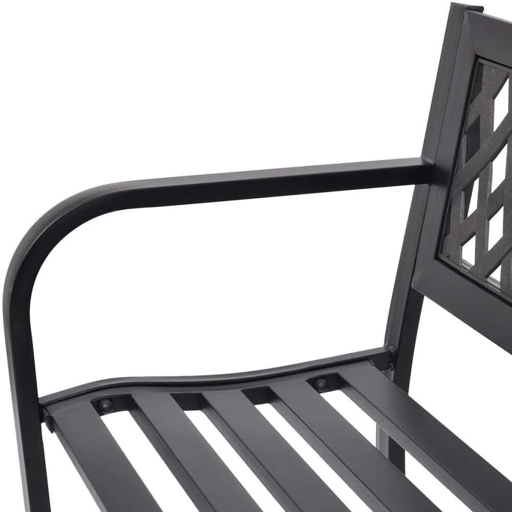 BAKAJI Panchina da Esterno Giardino con Struttura in Ferro Battuto Verniciato Nero, Panca con Seduta Legno Naturale, Schienale Decorazione Intrecciata, Arredamento per Esterni, 53 x 120 x 77 cm