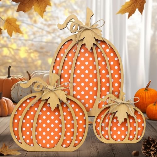 Suofuolef 3 unidades de decoração de outono, abóbora de madeira, decoração de interiores, colheita de outono, ação de graças, Halloween, decoração para interior, mesa, janela