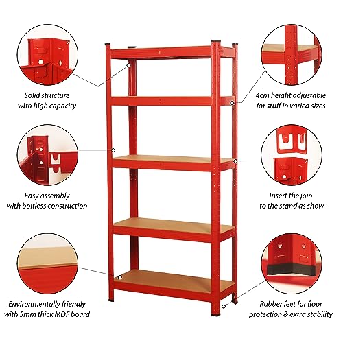 COZYBRITE Garage Shelving Units 5 Tier Heavy Duty Shed Storage Racking Shelf Metal Boltless 875kg Capacity 175kg Per Shelf for Warehouse Workshop Office (Red, 90x40x180cm) 5 COZYBRITE Garage Shelving Units 5 Tier Heavy Duty Shed Storage Racking Shelf Metal Boltless 875kg Capacity 175kg Per Shelf for Warehouse Workshop Office (Red, 90x40x180cm) - Image 5