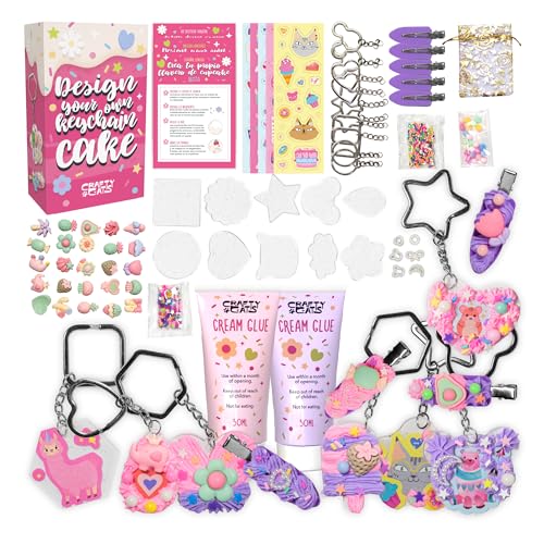 CRAFTY CATS DIY Kit Porte-clés Cupcake et Barrettes – 60 pièces, 2×50 ml colle crème avec embouts, 10 charms, anneaux et 5 barrettes, kits de loisirs...