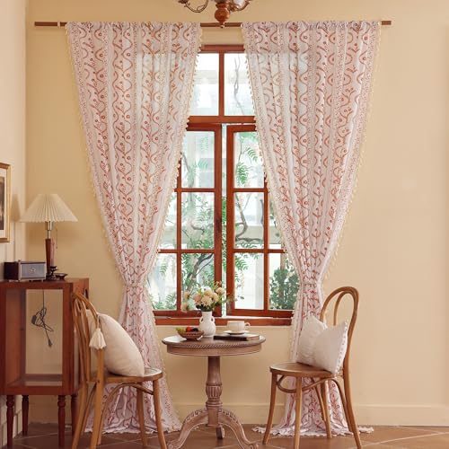 Image of Short Cafe Curtains for Small Window 45 Inch 2 Panels,Beige Floral Terracotta Boho Kitchen Curtain,Mid Century Bedroom Drapes with Tassel Decor,Beige and Rust Orange