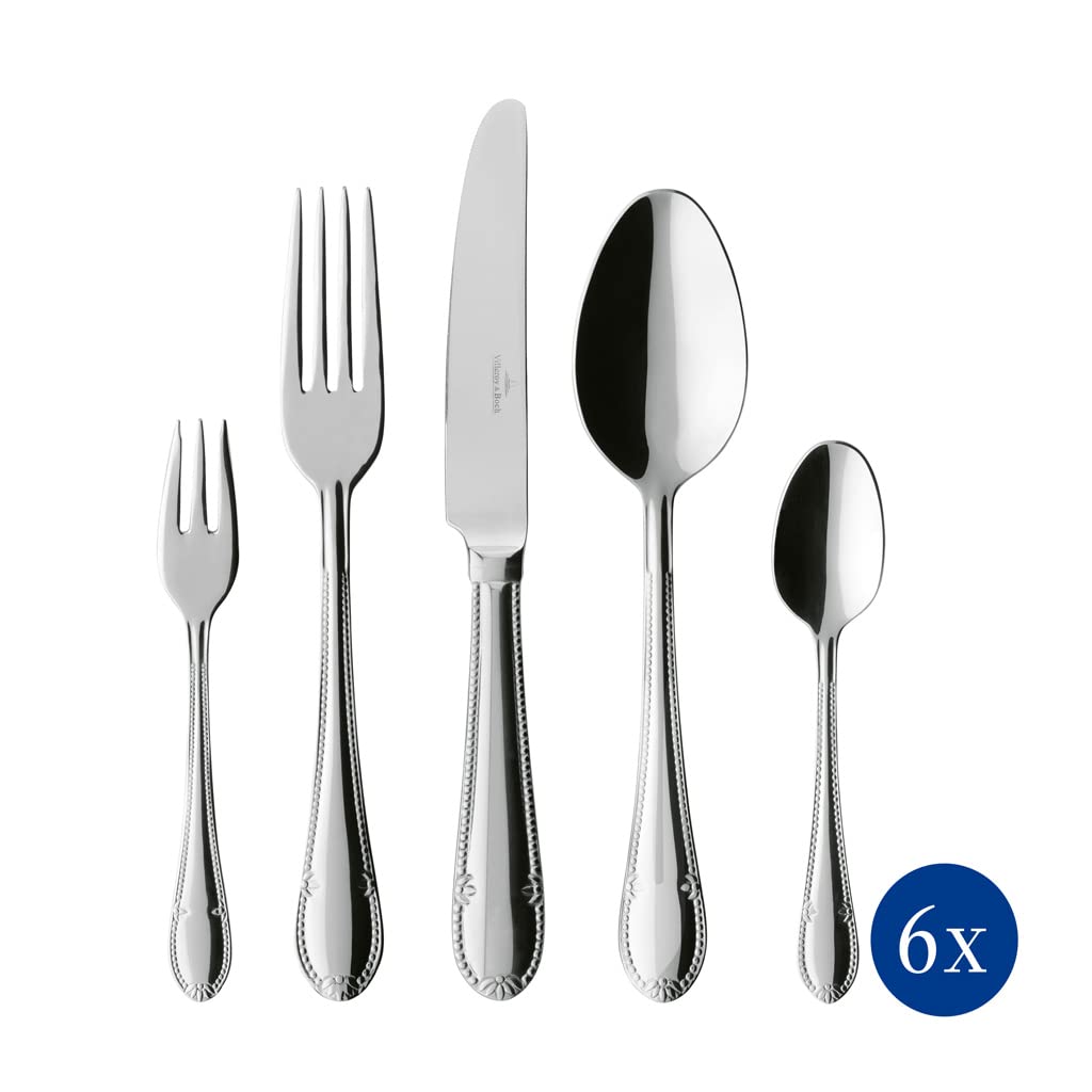 Villeroy & Boch Mademoiselle Set De Cubiertos, 30 Piezas Plata/Platino, Apto para Lavavajillas, Cuberteria 6 Personas, Set Cubierto, Acero Inoxidable