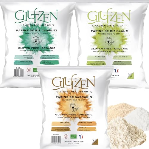 1x Harina de trigo sarraceno ecológica, 1x Harina de arroz integral ecológica, 1x Harina de arroz blanco ecológico GLUTZEN. Celíacos, keto, paleo, veganos, sin alérgenos.