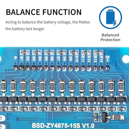 15S BMS 54V 50A Li-ion PCB Protection Board with Balance Wire and NTC,Ten Functional protections, Common Port, for Solar Energy Storage, Balance Car Lithium-ion Battery Pack (15S 54V 50A)4