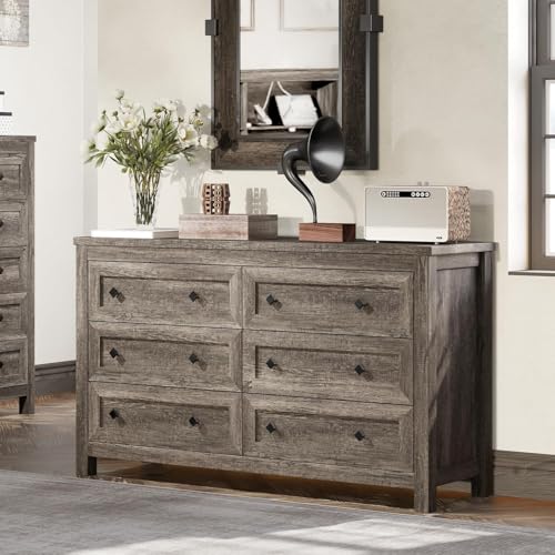 AMERLIFE 54 Wood Dresser with 6 Drawers Farmhouse Chest of Drawers & Storage Dresser for Bedroom Furniture Wide Drawer Organizer for Closet Rustic Grey Hallway