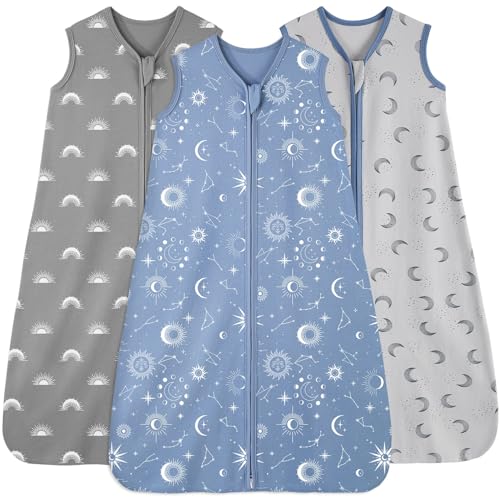 Image of FIEMOL Baby Sleep Sack 6-12 Months, 100% Cotton Sleeping Sack for Newborn and Infant, 3 Pack Baby Wearable Blanket, 0.5 Tog Lightweight Double Zipper Sleep Bag Blue
