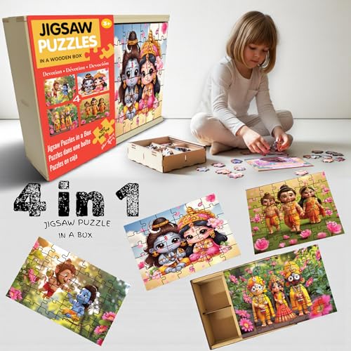 Image of Wooden Religious Jigsaw Puzzle Set for Kids (3+ Years) | 4-in-1 Devotional Theme Puzzles with Wooden Storage Box | Educational & Screen-Free Learning Toy