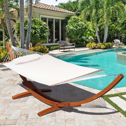 Image of Lazy Daze Hammocks 12 FT Sunbrella Fabric Quilted Hammock Double Sunbrella Quilted Hammock with Spreader Bars & Pillow, All Weather and Fade Resistant for Outdoor, 450 lbs Capacity, Cast Pumice