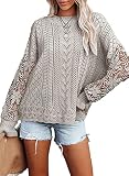 Maavoki Pullover Damen Spitze Strickpullover, Lässige Rundhals Lace Langarm Häkelpullover, Elegantes Einfarbig Stricktop Patchwork Oberteile Stricken Langarmshirt Grau M