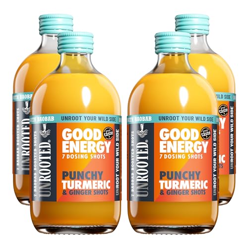 UNROOTED GOOD ENERGY Punchy Turmeric Ginger & Baobab Health Shots - For Immunity Anti Inflammation Natural Energy High in vitamin C Caffeine free 7x Daily Dosing Shots Multipack 4 x 420ml Bottles