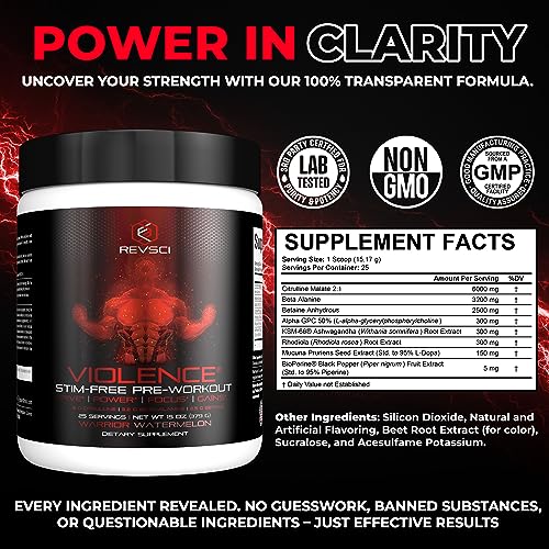 Image of VIOLENCE Stim Free Pre Workout Powder by REVSCI, Precision Dosed Non Stim Preworkout Pump Pre Workout Caffeine Free Pre Workout Powder, Pump Supplement & Stimulant Free Nitric, Watermelon, 25 Servings