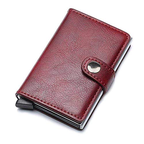 Pawaca - Tarjetero para Tarjetas de crédito, Billetera con Bloqueo RFID, Minimalista, Piel sintética, Estilo Vintage, Aluminio, Tarjeta de Visita automática para Hombres y Mujeres, Rojo, 10 x 6.5 cm