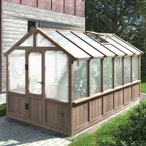 Image of Mupater 6'x12' Wooden Polycarbonate Greenhouse,Outdoor with Ventilated Window and Lockable Door, Walk-in Greenhouse for Backyard, Patio, Lawn, Brown