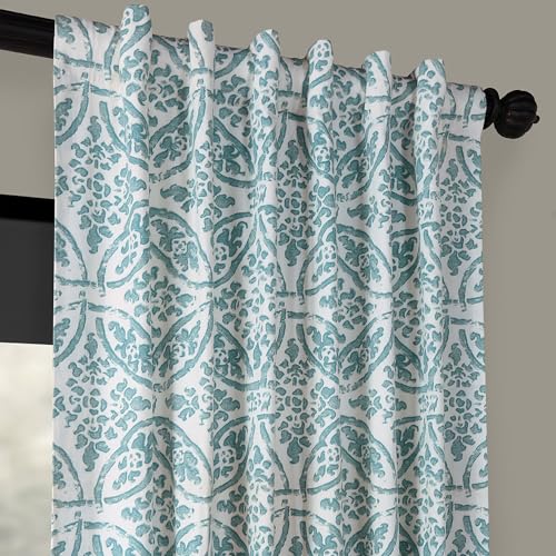 Image of HPD Half Price Drapes Printed Geometric Floral Curtains 96 Inches Long Luxury Cotton Curtain (1 Panel) Room Darkening Window Curtains for Bedroom & Living Room, 50W x 96L, Geometric Floral Aqua
