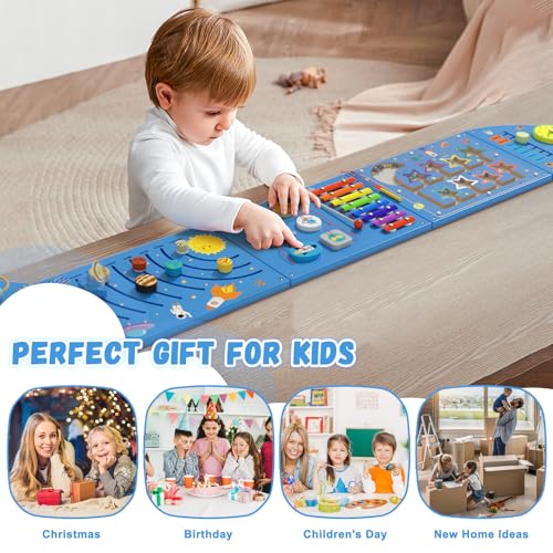 Image of Spacocld Rocket Activity Wall Busy Board Panels - Sensory Wall Panel for Kids, Montessori Toddler Wall Activity Board, Wall Toys for Toddlers 3, Activity Cube, Wooden Multi-Activity Boards, Blue(5PCS)