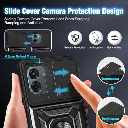 Image of Shockproof Back Case Cover for Oppo A6 /A6 Pro 5G, Shockproof Oppo A6 /A6 Pro Back Cover, Ring Case with Kickstand and Camera Protection Shutter - Black