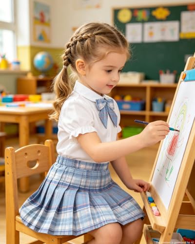 Image of Betusline Girls Skirt Set JK School Uniform 2-Piece Outfit - Short Sleeve Shirt with Bow & Pleated Skirt 4T-14Y