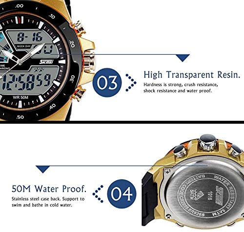 Carrie Hughes Men's Digital Watch 50M Waterproof Large Dual Dial Multifunction Analog Military Outdoor Sports Electronic Watch Calendar Day Date CH0314