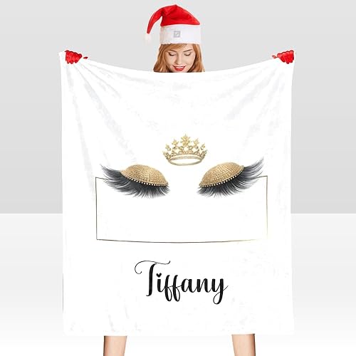Miniatura 5 de CUXWEOT Manta personalizada con corona dorada y pestañas de forro polar suave con nombre para regalos, sofá cama (50 x 60 pulgadas)