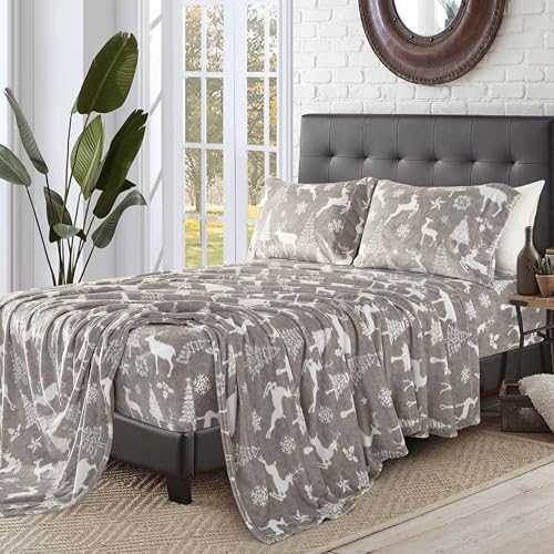 Elegant Comfort Luxuriously Soft 4-Piece Holiday Velvet Plush Flannel Sheet Set - Premium Quality - Cozy Warm, Christmas Fuzzy Velvet Flannel Fleece Deep Pocket Sheet Set - Twin, Silver Reindeer