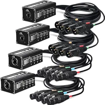 Flutesan 4 Pack 4 Channel 3 Pin Audio Snake XLR Cable XLR Over Rj45 Multi Network Snake Receiver with 3.3 ft Cable Box Extender for Stage Lighting Home Recording Studio(Black Plug)