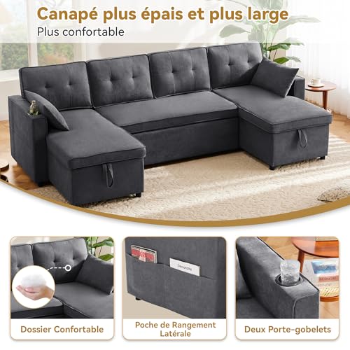 Canapé convertible U 4 places avec rangement - Gris 270x130 cm