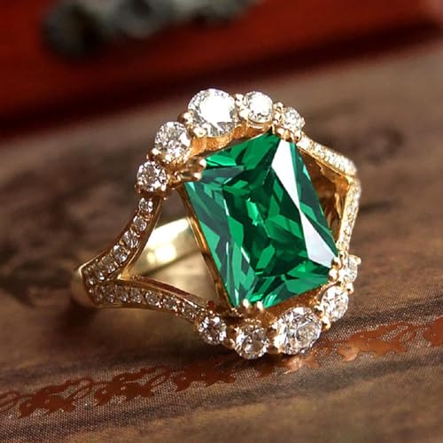 18K Gold Plated Emerald-Cut Statement Rings for Women,Green Simulated Emerald Round White Cubic Zirconia Engagement Promise Ring Size 6-104