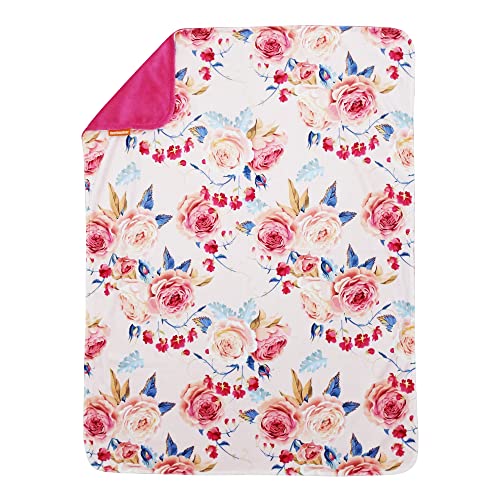 Image of Dear Baby Gear Floral Deluxe Baby Blanket - Reversible, Milestone & Newborn Gifts for Girls and Boys - Vintage Roses with Blue Accents, Hot Pink, 40 x 30 Inches
