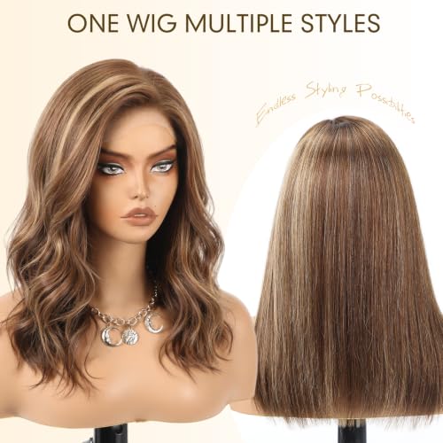 Image of KKU 100% Human Hair Wigs for Women,Real Human Hair Wigs,Side Swept Bangs Lace Front Wig(Brown With Blonde Highlight)